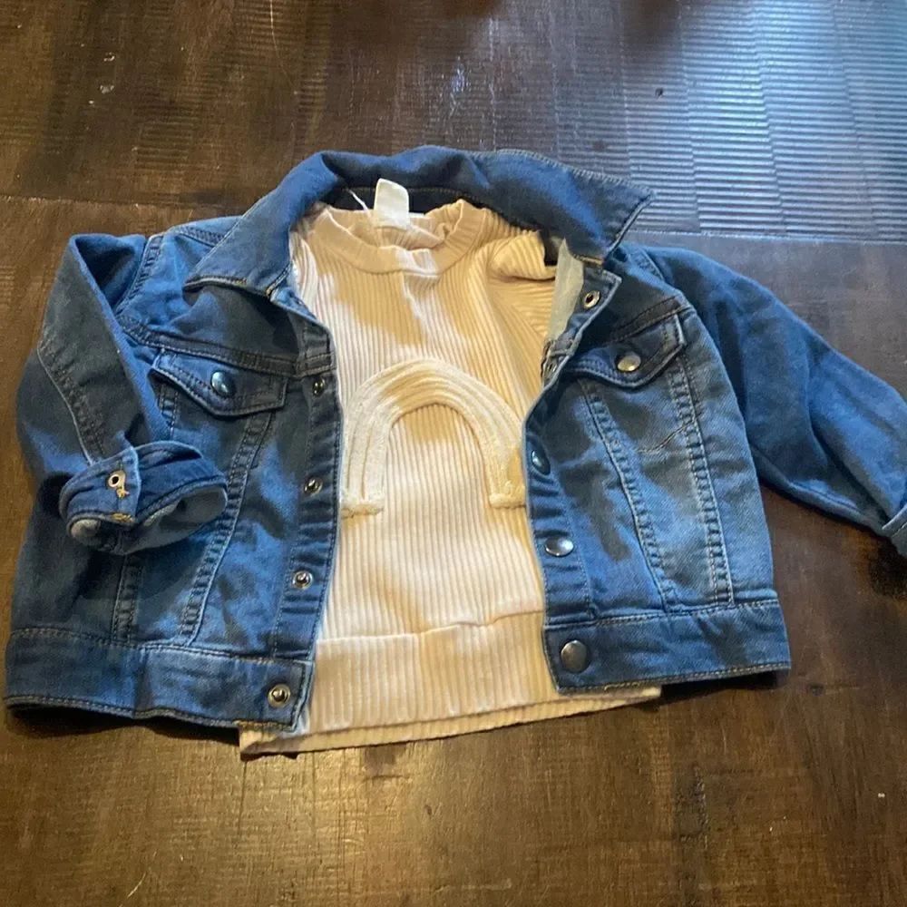 Girls 18 month denim Jean Jacket With Cream Long Sleeve rainbow shirt